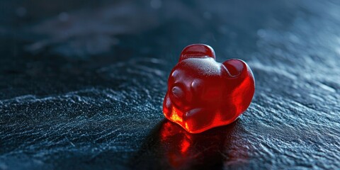 A close-up of a single red gummy bear, highlighting its sugary sweetness.