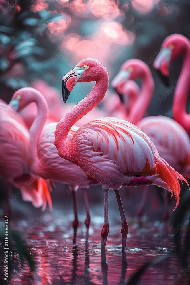 Aufkleber a group of flamingos wading through an abstract pool of rippling liquid light,