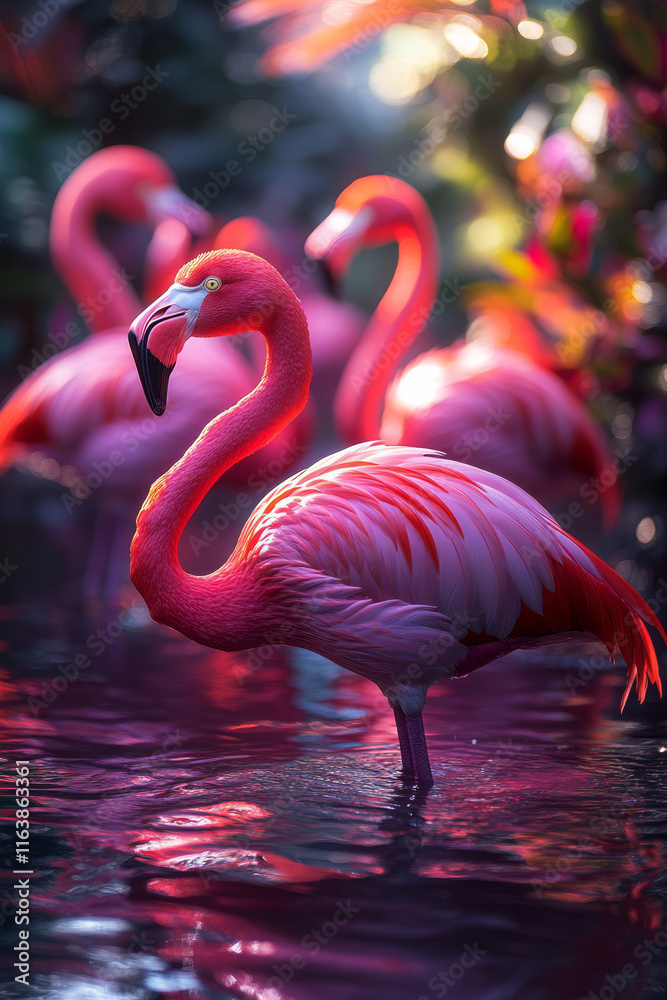 Aufkleber a group of flamingos wading through an abstract pool of rippling liquid light,