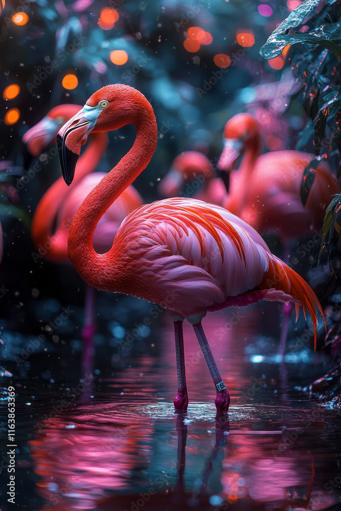 Aufkleber a group of flamingos wading through an abstract pool of rippling liquid light,