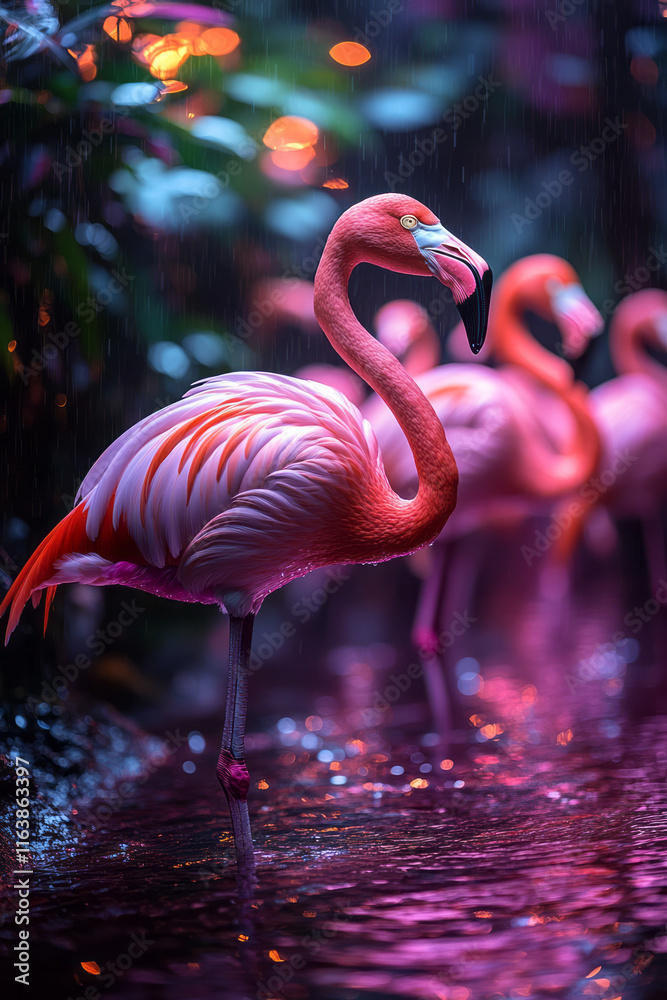 Aufkleber a group of flamingos wading through an abstract pool of rippling liquid light,
