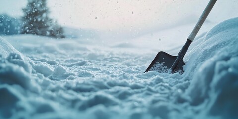 A close-up of a snow shovel resting against a snowbank, with fresh snow all around.