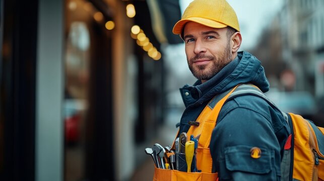 The Mobile Repair Technician: A man in uniform carrying tools on-site, Generative AI