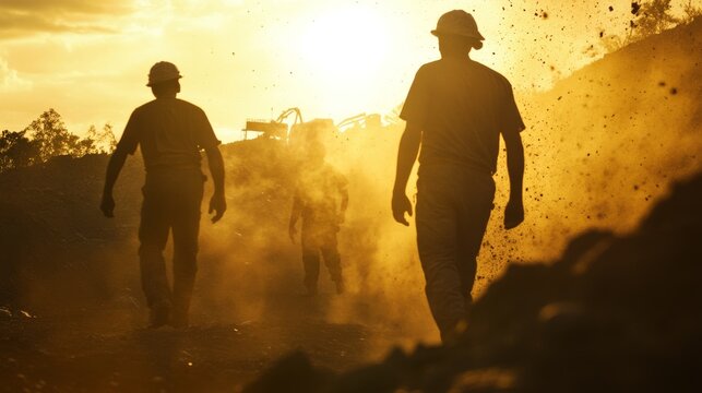 Silhouetted figures of workers navigate a dusty mining site at dusk, surrounded by golden light as they complete their duties. The atmosphere is filled with dust and the day's end