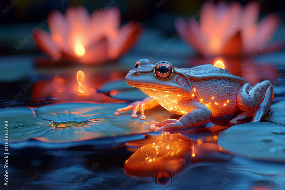 Aufkleber a group of frogs sitting on glowing lily pads floating in a surreal pond of liquid light,