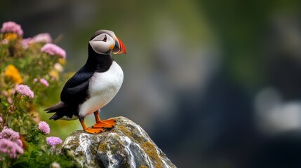 A puffin stands proudly on a rocky outcrop, showcasing its bright orange beak and feet. Colorful flowers surround the scene, highlighting the coastal beauty under clear skies