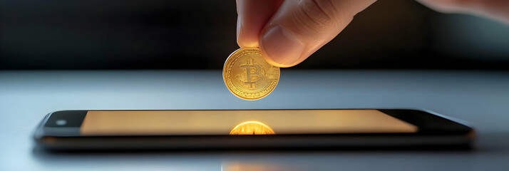 Digital Currency,  Hand places Bitcoin over phone screen, symbolizing mobile transactions and digital asset investment.