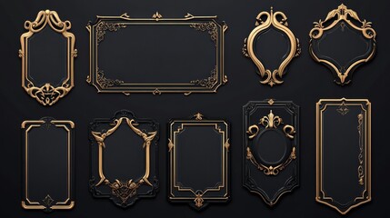 Realistic set of vintage avatar frames and game buttons isolated on black background. Vector illustration of art deco style borders for rpg interface design. Square, rectangular, round royal signs