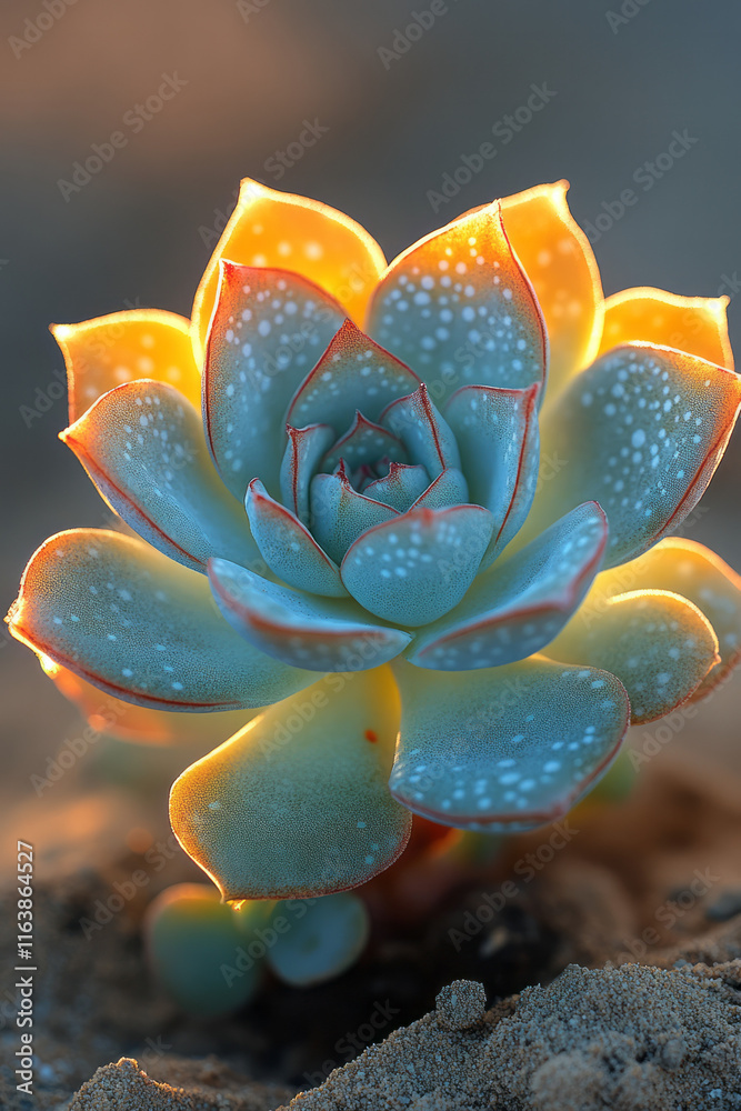 Poster a blooming succulent with intricate patterns, standing alone in the desert,