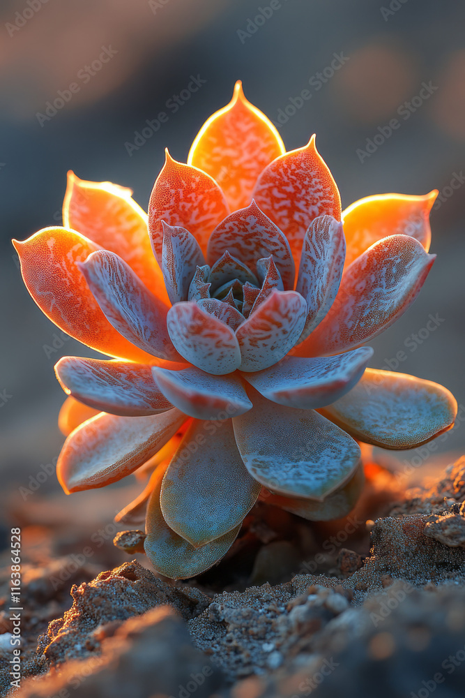 Poster a blooming succulent with intricate patterns, standing alone in the desert,