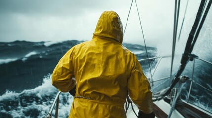 Fototapeta premium A sailor dressed in a yellow raincoat steers a boat through rough waters. Dark clouds loom overhead, and towering waves crash around, creating a dramatic atmosphere of adventure