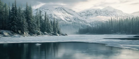 Selbstklebende Fototapeten Serene winter landscape snow-covered mountains reflected in a partially frozen lake, surrounded by evergreen trees. © batara