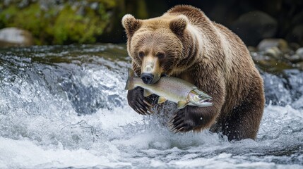 Obraz premium Wildlife reveals itself with a majestic bear standing in a flowing river, skillfully catching a fish. The water splashes around as the animal showcases its hunting prowess