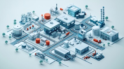 Fototapeta premium A 3D model of an industrial complex with various facilities and roads.