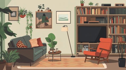 Living room interior set with sofa, armchair, bookshelves and tv. Vector cartoon collection of furniture for house, carpet, floor lamp and spring plants isolated on white background