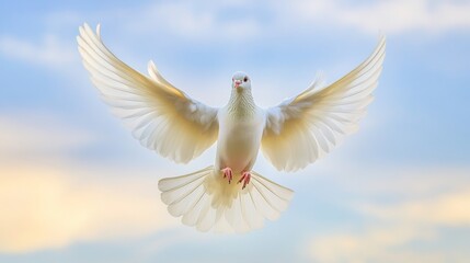 A beautiful white dove is flying with its wings outstretched against a tranquil twilight sky. The soft colors of dusk create a peaceful backdrop
