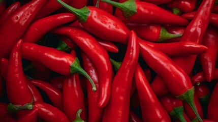 A close-up view reveals a heap of fresh red chili peppers, their glossy skin reflecting light. The peppers are arranged together, showcasing their vivid color and shape, perfect for culinary use
