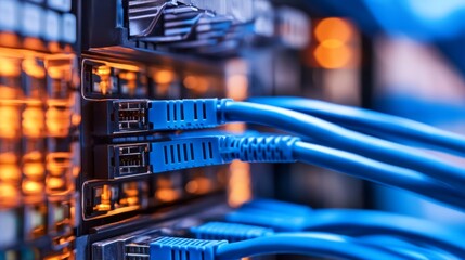 Several blue network cables are plugged into a server rack in a data center, illuminated by warm lights. The setup appears to occur in the late evening, creating a high-tech atmosphere