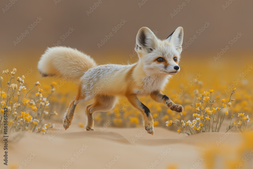 Poster a playful fennec fox leaping through sparse vegetation dotted with wildflowers,