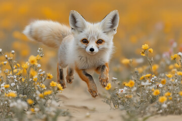 Fototapeta premium A playful fennec fox leaping through sparse vegetation dotted with wildflowers,