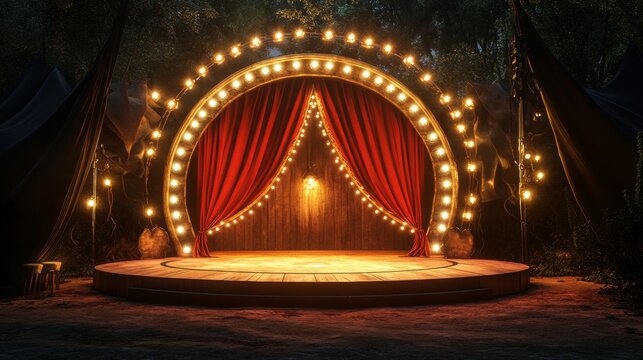 Background with circus stage and red theater curtains. Vintage interior inside circus tent. Carnival show circle podium with frame with light bulbs and drapery, vector cartoon illustration