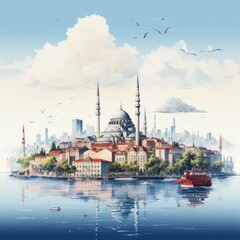 Obraz premium A Minimalistic Illustration of Istanbul's Iconic Skyline at Sunset