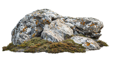 Large tundra rock formation with moss and lichen isolated on a transparent background