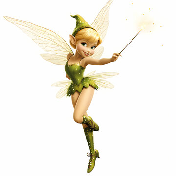 Tinkerbell spreads magic with her wand in a vibrant green outfit, showcasing her playful spirit. Generative AI