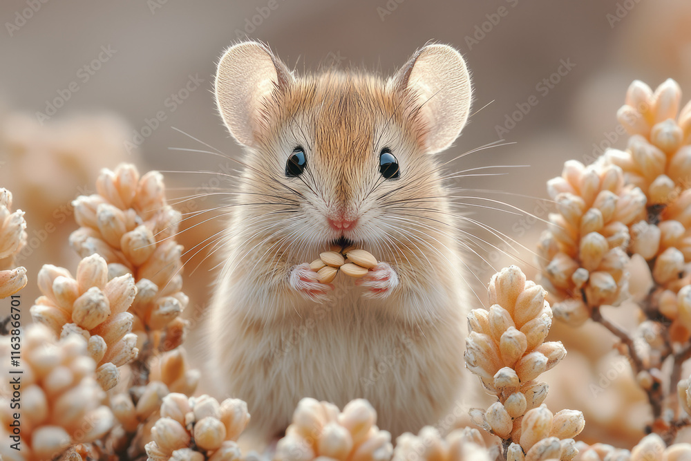 Poster a desert mouse nibbling on the seeds of a flowering yucca,