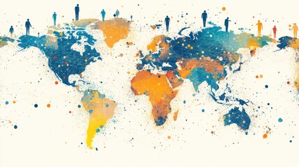 Obraz premium Dynamic representation showcases professionals interconnected across continents highlighting teamwork and collaboration globally