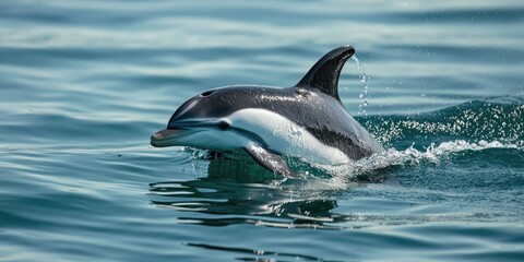 Fototapeta premium A close-up of Hectorâ€™s dolphin swimming in the wild, its distinctive dorsal fin visible.