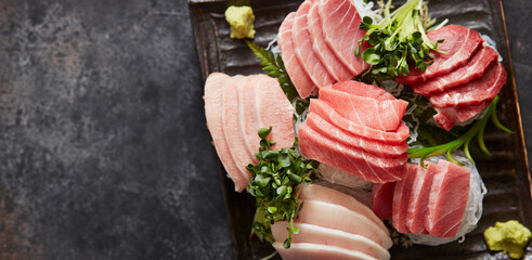 Various parts of fresh tuna sashimi