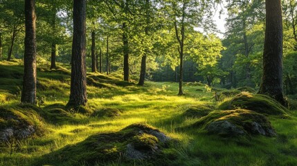 Fototapeta premium Cartoon forest background, nature landscape with deciduous trees, moss on rocks, grass, bushes and sunlight spots on ground. Scenery summer or spring wood parallax natural scene, Vector illustration