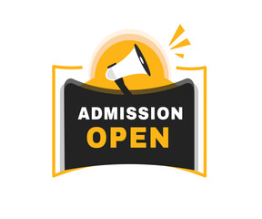 Admission open banner flat label and icon megaphone icon. Vector design sign.
