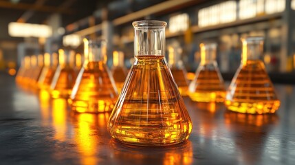 Amber liquid in erlenmeyer flasks on a lab bench.