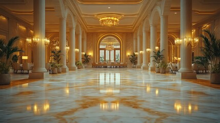 Fototapeta premium Opulent marble lobby, grand columns, elegant chandeliers.