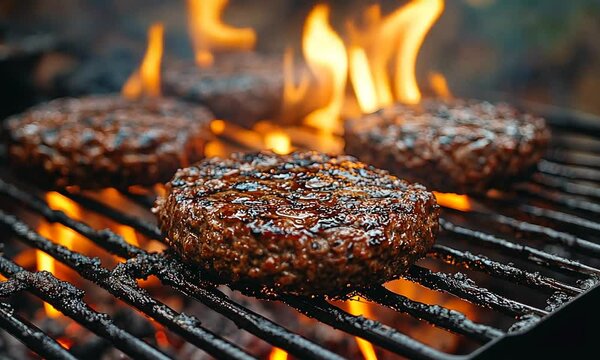 Grilling burgers over an open flame, showcasing a delicious barbecue scene.