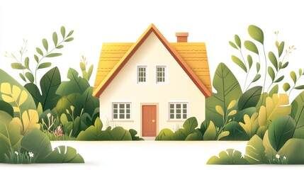 Whimsical Evergreen House Illustration Surrounded by Animated Foliage in Cartoon Style on Clean White Background with Banner Space