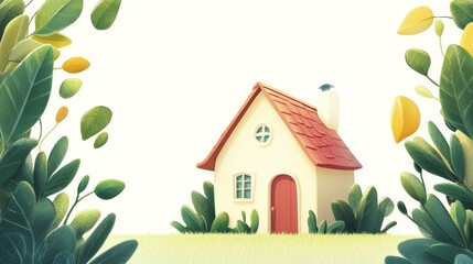 Enchanting Evergreen House Illustration Surrounded by Animated Foliage in Stylized Cartoon Style with Banner Space on White Background