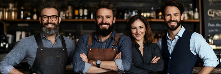 Obraz premium Smiling Bar Staff Team in a Cozy Pub, Ready to Serve Drinks Enthusiastically