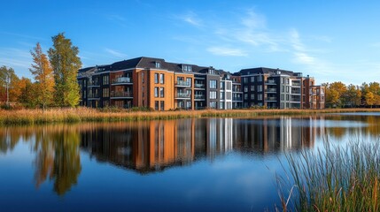 Obraz premium Modern buildings near a serene lake create stunning reflections under a brilliant blue sky surrounded by vibrant nature and greenery