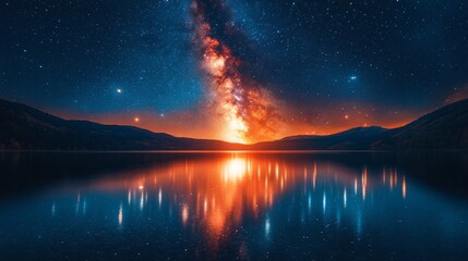Fototapeta premium Majestic View of the Milky Way Reflecting on a Tranquil Lake During a Clear Night in the Mountains