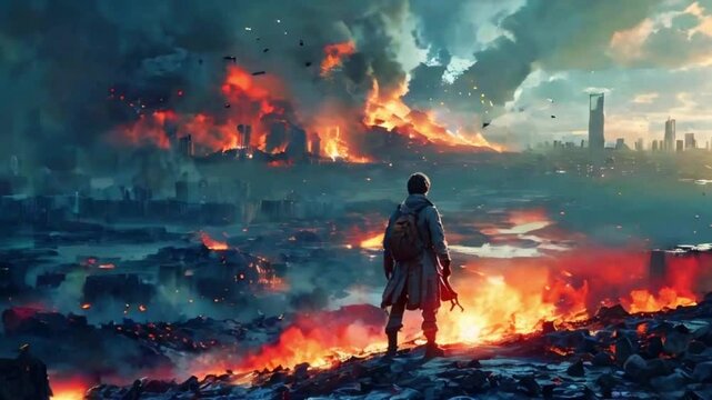 protagonist gazes burning city distance. apocalyptic orange red flames paint horizon, embers floating air, Japanese anime-style 4k lofi hip-hop bites landscape music background animation video