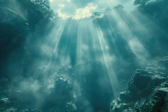 a majestic natural landscape illuminated by rays of sunlight breaking through the clouds and creating an atmosphere of mystery and peace. 