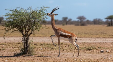Gazelle standing next to a small tree in the desert.
