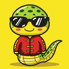 a Cute Snake Cartoon with Sunglasses wearing a traditional Chinese suit good for mascot or sticker