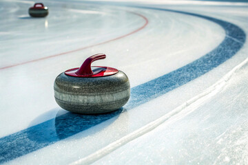Curling stone gliding effortlessly on the ice in a competitive match setting
