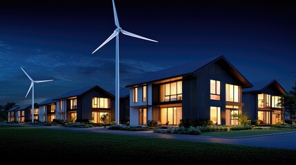 Wind turbines power modern homes at night eco-friendly development architectural design urban landscape