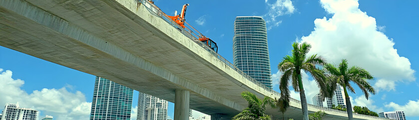 Fototapeta premium Elevated Highway Construction near Skyscrapers, Palm Trees Under a Sunny Sky