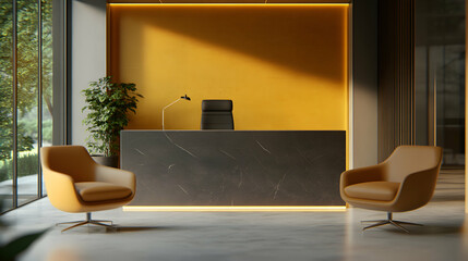 Modern Office Reception, Elegant Design with Mustard Yellow Wall, Dark Marble Desk, and Tan Armchairs. Sunlit Workspace.